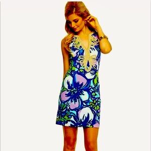 Lilly Pulitzer Sleeveless Blue & Violet Floral Shift Dress w/Embroidered Neck